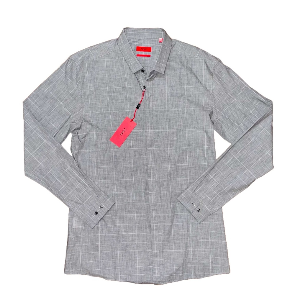 NWT Hugo Boss Etran Extra Slim Fit Gray Button Down Shirt Office Business Career
